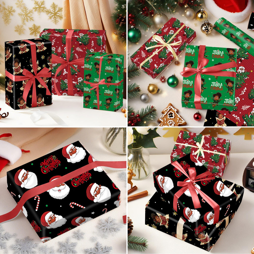 CRASHOT Christmas Wrapping Paper - 12 Sheet Black Girl Gift Wrapping Paper, Xmas Tree Santa Design for Party Birthday Holiday (Not Roll, 19.7 x 27.6 Inch)