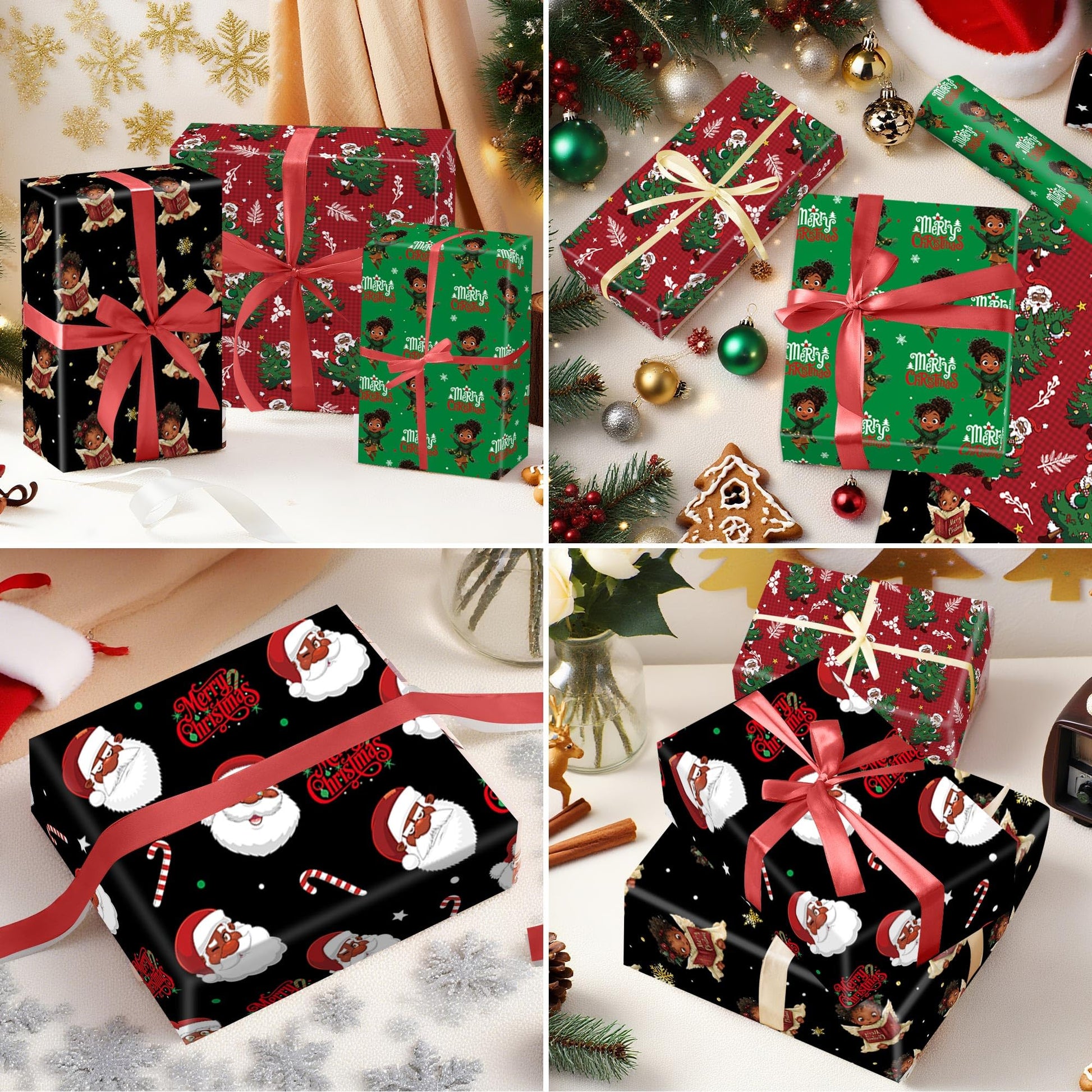 CRASHOT Christmas Wrapping Paper - 12 Sheet Black Girl Gift Wrapping Paper, Xmas Tree Santa Design for Party Birthday Holiday (Not Roll, 19.7 x 27.6 Inch)