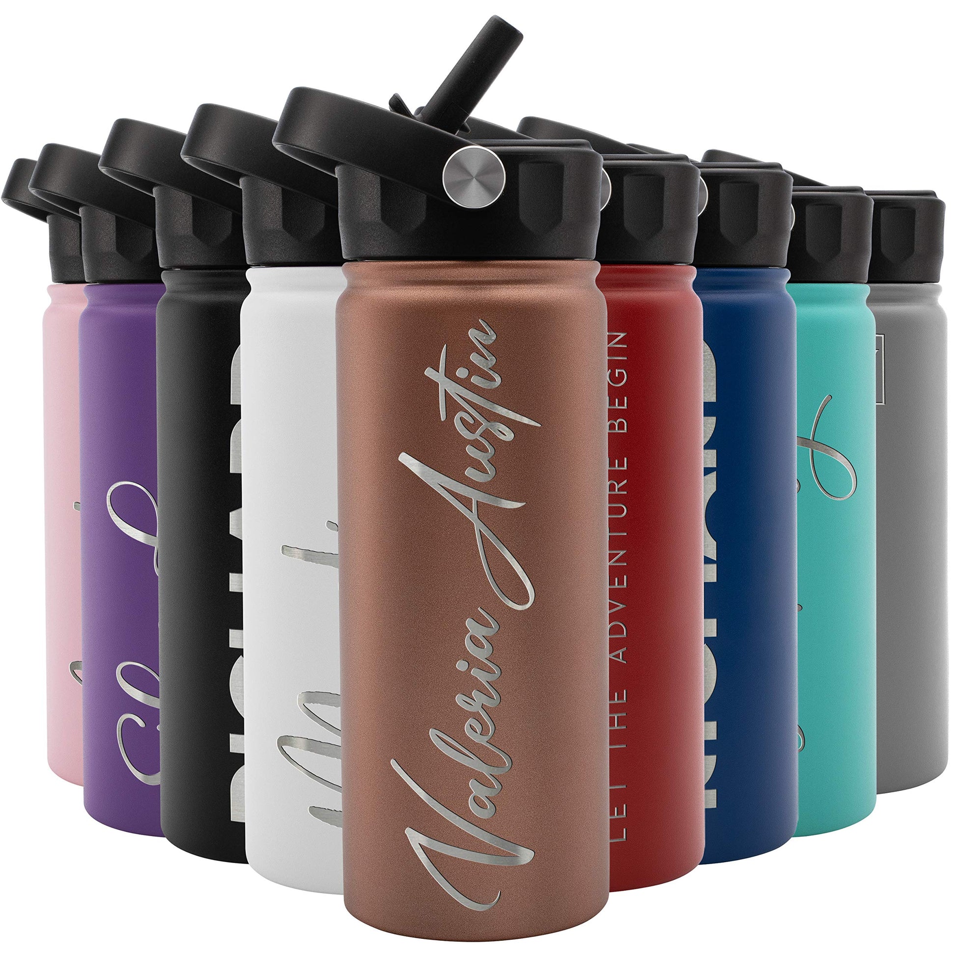 Amazing Items Personalized Water Bottle w/Straw & Lid, 18 oz - Black | Custom Stainless Steel Sports Water Bottle w/Name and Text - Double Wall, Vacuum Insulated - Rotating Handle