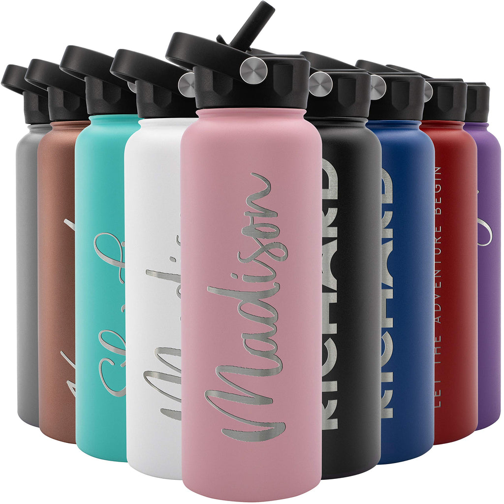 Amazing Items Personalized Water Bottle w/Straw & Lid, 18 oz - Black | Custom Stainless Steel Sports Water Bottle w/Name and Text - Double Wall, Vacuum Insulated - Rotating Handle