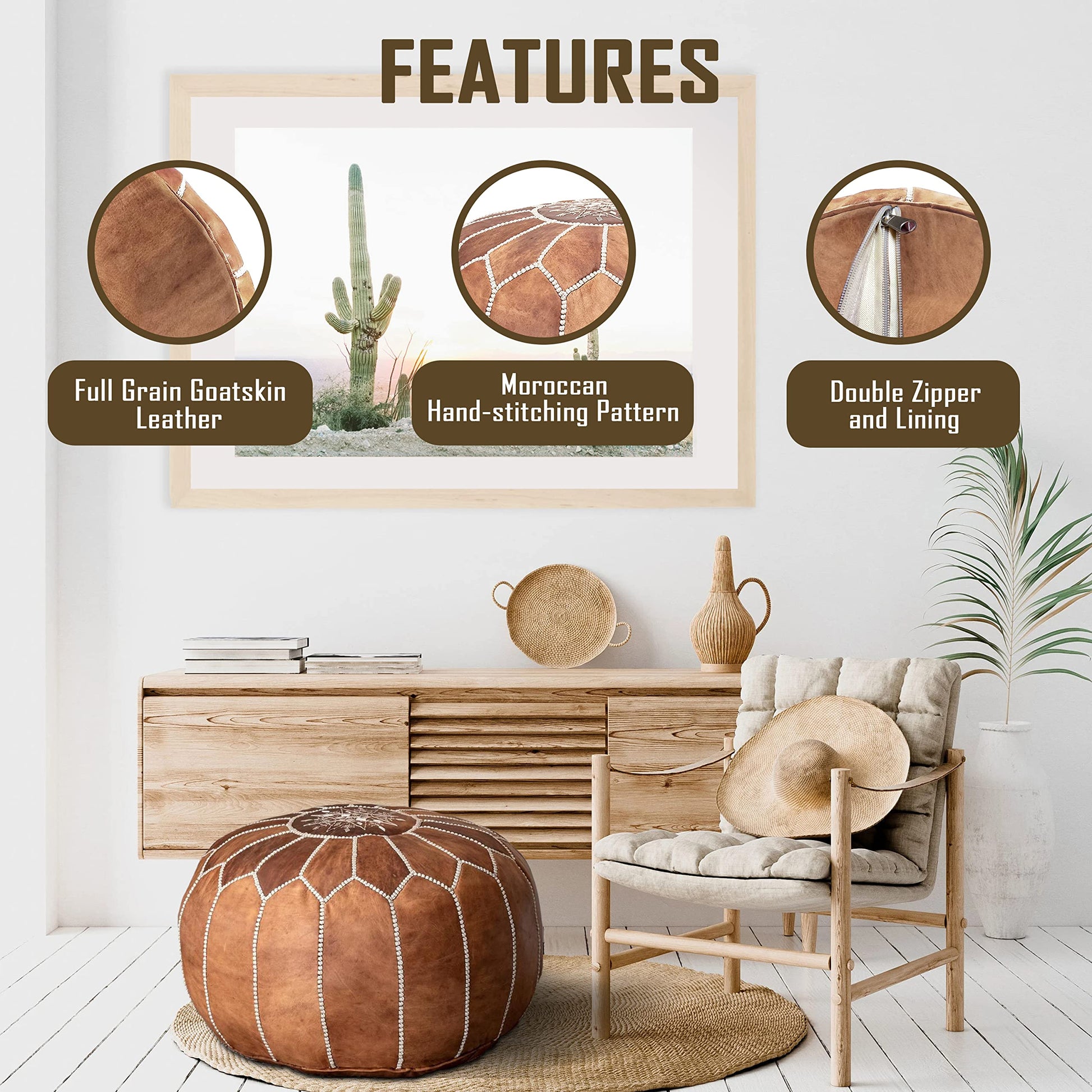 Fezcrafts Genuine Leather Moroccan Ottoman unstuffed Moroccan Pouf Footresf Livin Room Cocktail Seats Goatskin Tribal Bohemian Home Decor (Black)