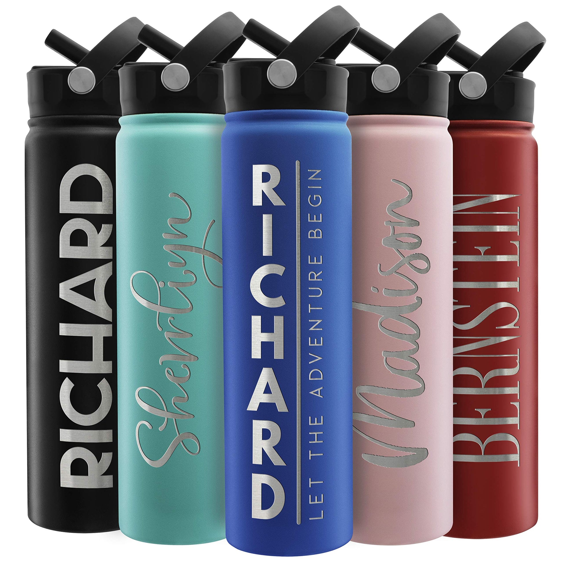 Amazing Items Personalized Water Bottle w/Straw & Lid, 18 oz - Black | Custom Stainless Steel Sports Water Bottle w/Name and Text - Double Wall, Vacuum Insulated - Rotating Handle