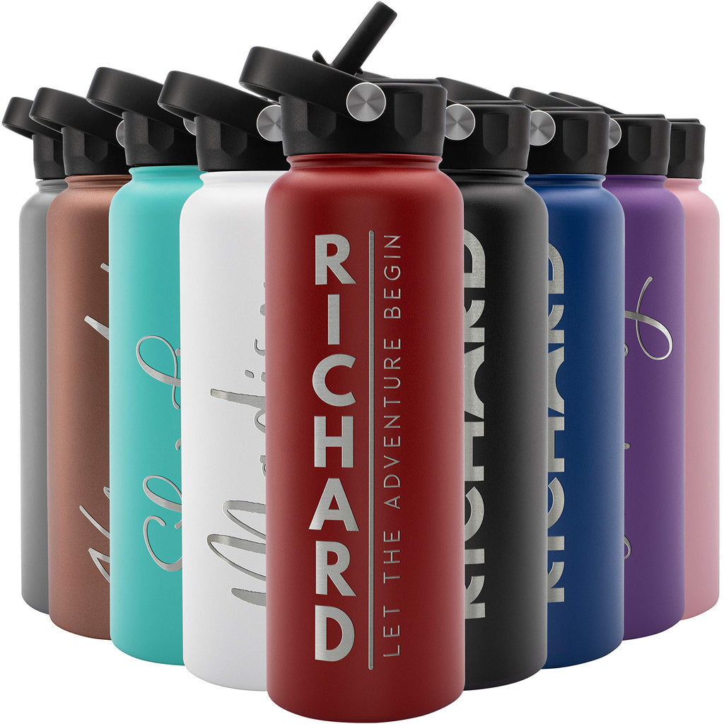 Amazing Items Personalized Water Bottle w/Straw & Lid, 18 oz - Black | Custom Stainless Steel Sports Water Bottle w/Name and Text - Double Wall, Vacuum Insulated - Rotating Handle