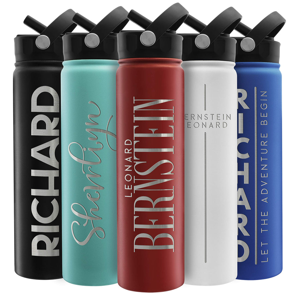 Amazing Items Personalized Water Bottle w/Straw & Lid, 18 oz - Black | Custom Stainless Steel Sports Water Bottle w/Name and Text - Double Wall, Vacuum Insulated - Rotating Handle