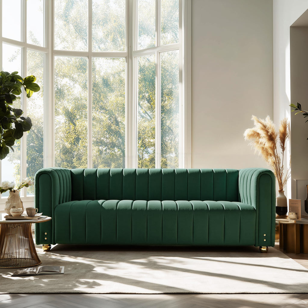 81" W Tufted Velvet Couch,Modern Velvet Sofa with Round Handrails and Metal Legs for Living Room,Office,Apartment (1, Pink)