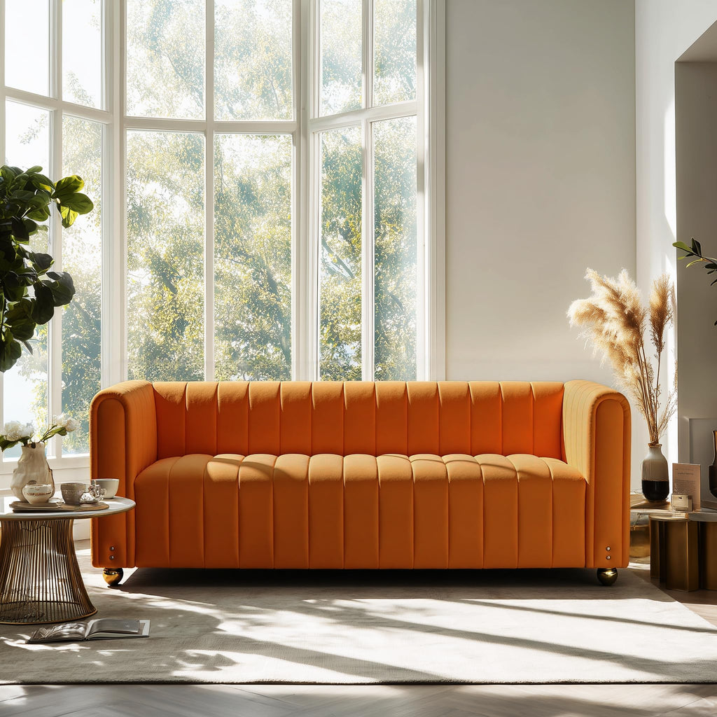 81" W Tufted Velvet Couch,Modern Velvet Sofa with Round Handrails and Metal Legs for Living Room,Office,Apartment (1, Pink)