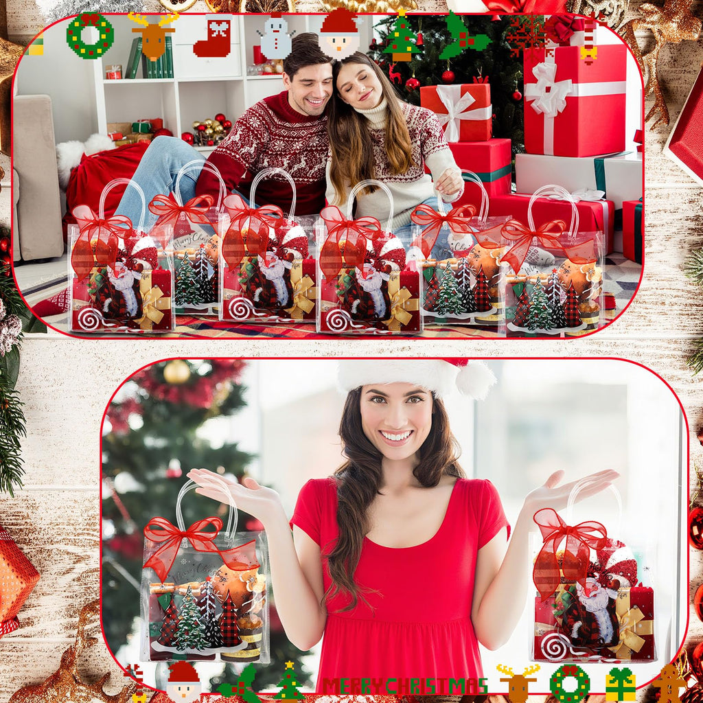 Motipuns 24 Pcs Christmas Clear PVC Gift Bags with Handles and Ribbon African American Black Santa Claus Party Favor Reusable Plastic Candy Treat Tote Bags for Merry New year Xmas Birthday Supplies