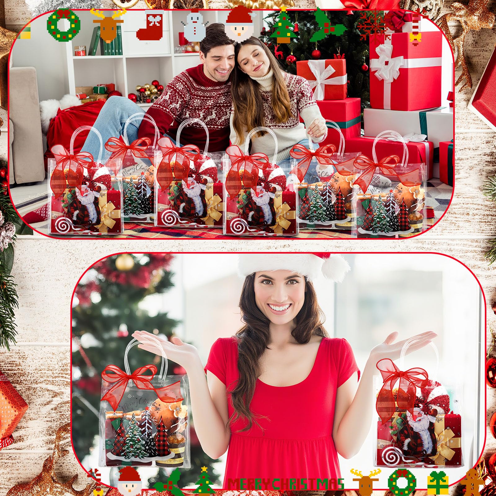 Motipuns 24 Pcs Christmas Clear PVC Gift Bags with Handles and Ribbon African American Black Santa Claus Party Favor Reusable Plastic Candy Treat Tote Bags for Merry New year Xmas Birthday Supplies