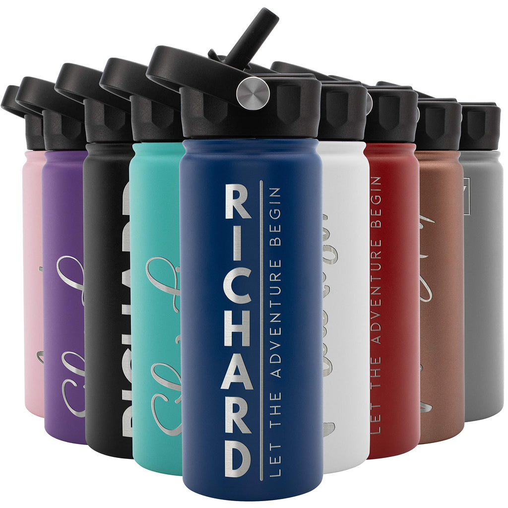 Amazing Items Personalized Water Bottle w/Straw & Lid, 18 oz - Black | Custom Stainless Steel Sports Water Bottle w/Name and Text - Double Wall, Vacuum Insulated - Rotating Handle