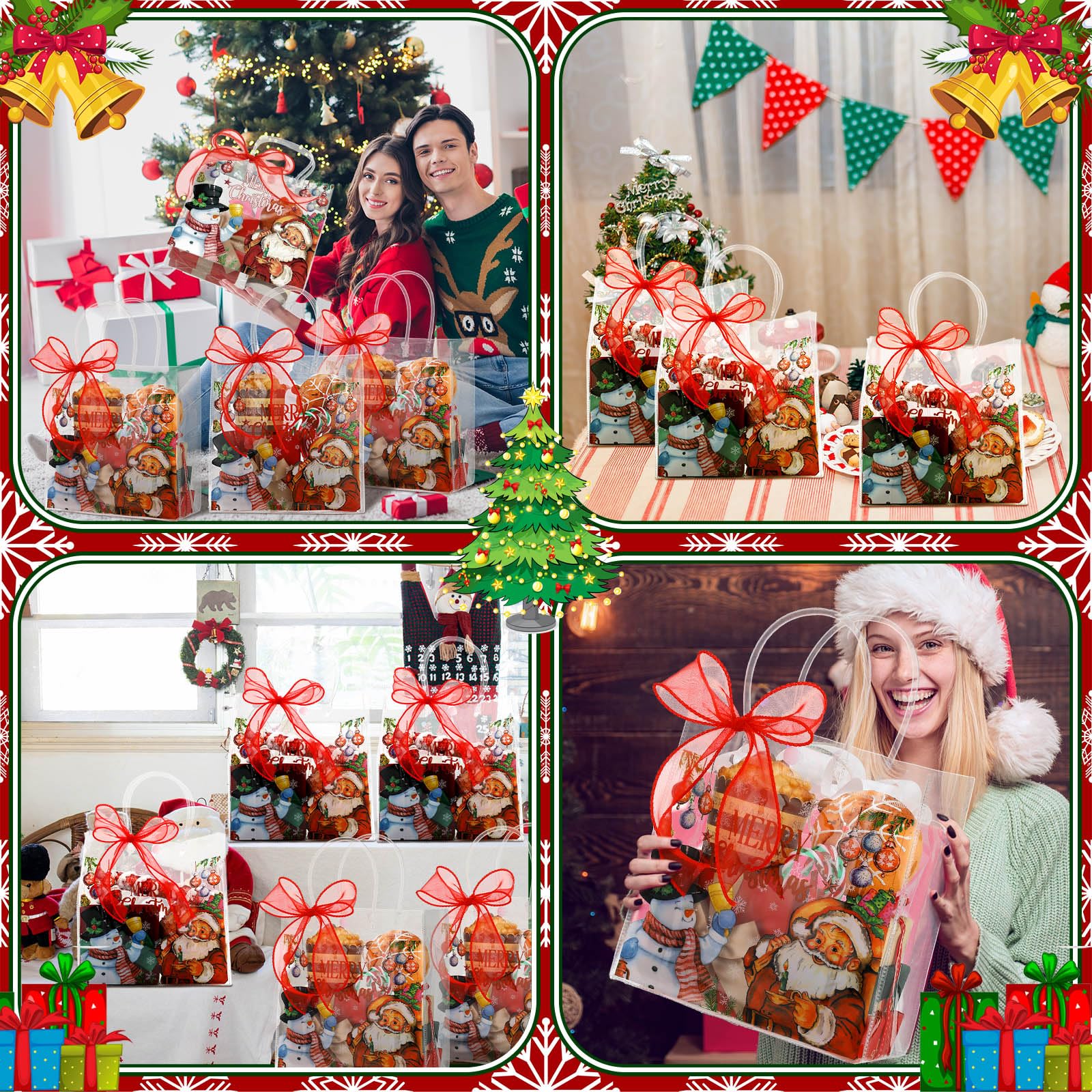 Motipuns 24 Pcs Christmas Clear PVC Gift Bags with Handles and Ribbon African American Black Santa Claus Party Favor Reusable Plastic Candy Treat Tote Bags for Merry New year Xmas Birthday Supplies