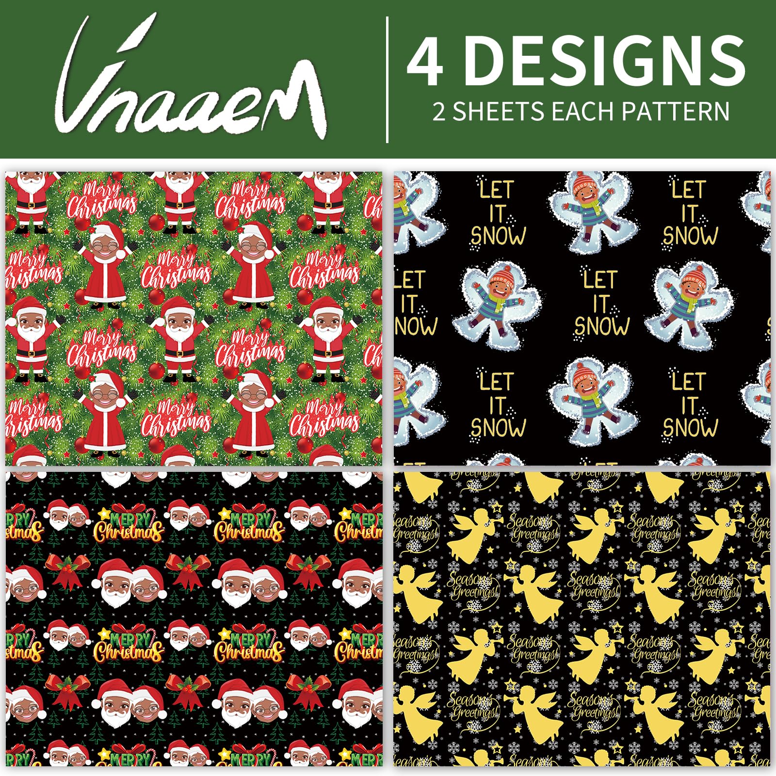 Vnaaem African American Christmas Wrapping Paper Black Holiday Style Gift Wrap Paper Bulk Santa Angel Merry Christmas Element Dsign for Boys Girls Family - 20 X 28 Inches 8 Folded Sheets