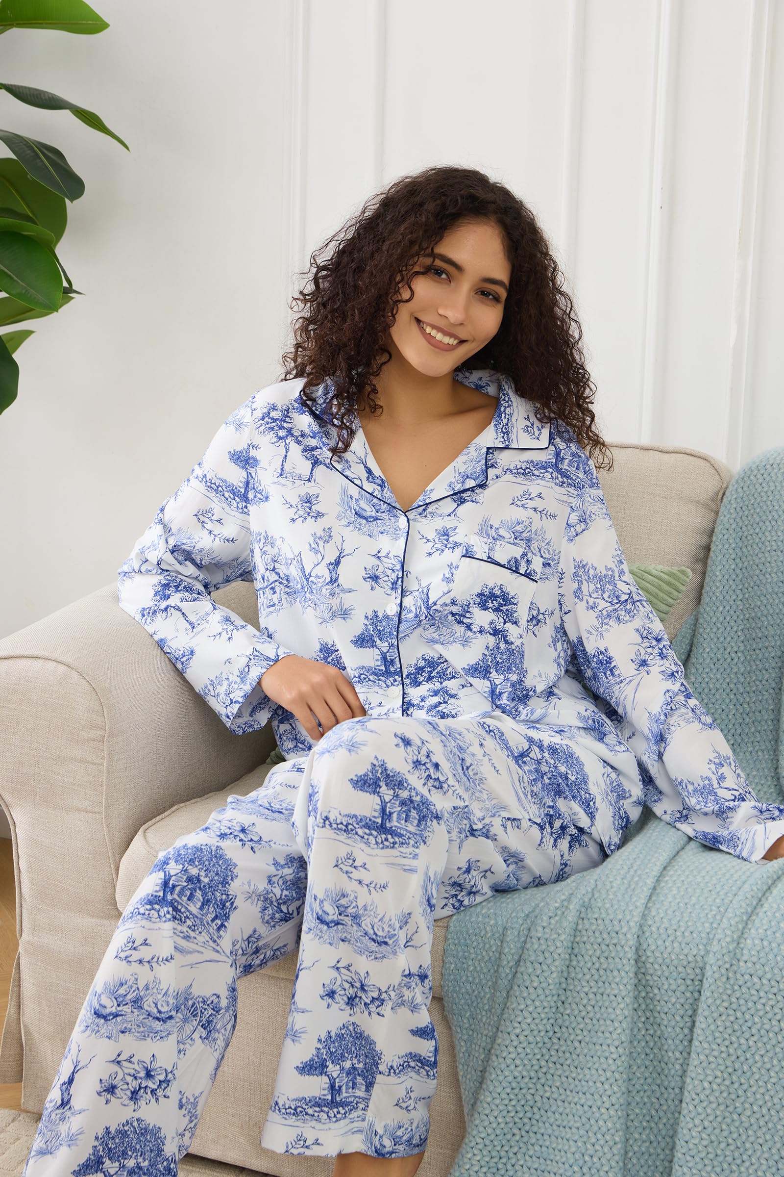Womens Pajamas Set 2 Piece Long Sleeve Sleepwear Button Down Pjs Lounge Set Nightwear with Pockets
