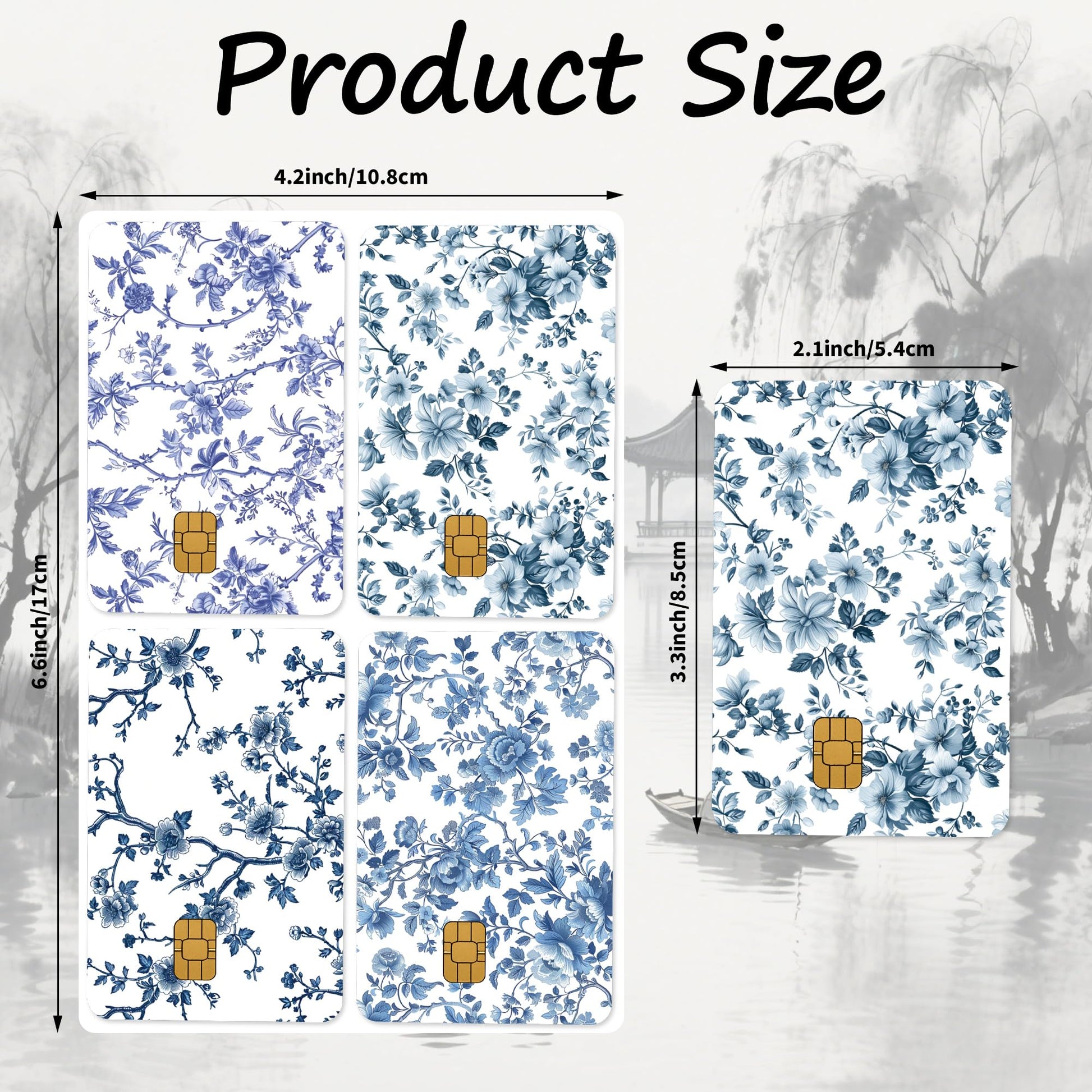 Credit Card Skin Stickers: 4PCS Scenic Mountain Debit Card Skins, Chinoiserie Landscape Cards Covers with Chip Cutout, Waterproof Removable Sticker Wraps for Bank Transportation Key Cards