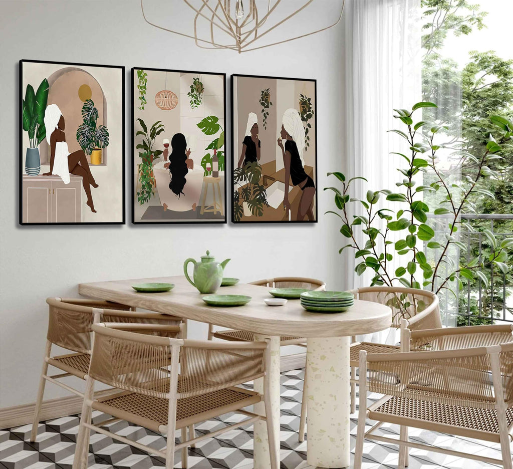 WSTUKVV 3Pcs Black Girl Bathroom Wall Art Boho Black Woman Posters Pictures African American Canvas Prints Fashion Abstract Paintings For Bathroom Home Bedroom Living Room Wall Decor Frame