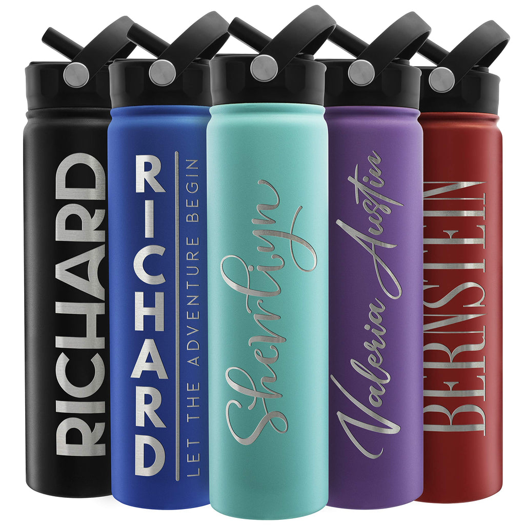 Amazing Items Personalized Water Bottle w/Straw & Lid, 18 oz - Black | Custom Stainless Steel Sports Water Bottle w/Name and Text - Double Wall, Vacuum Insulated - Rotating Handle