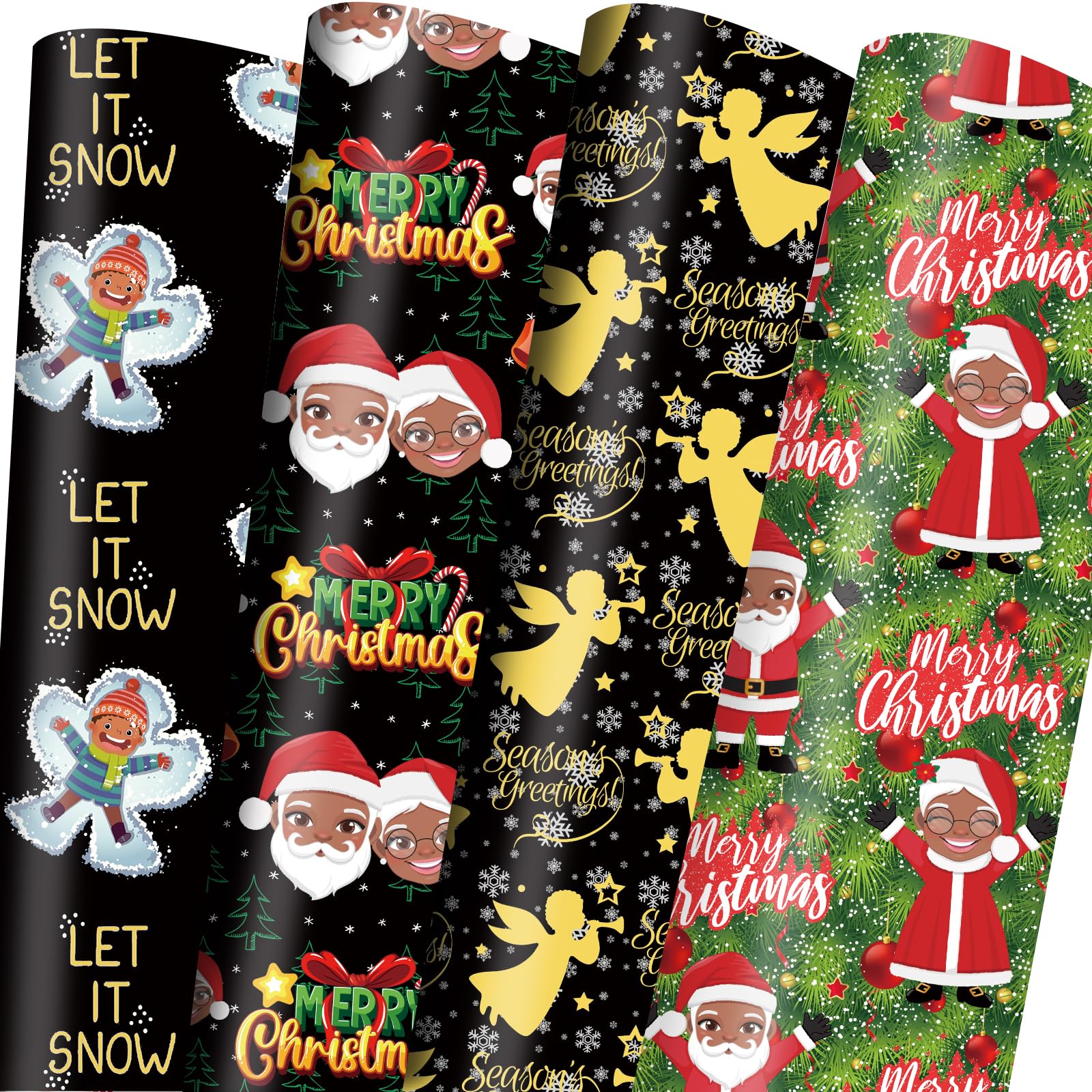 Vnaaem African American Christmas Wrapping Paper Black Holiday Style Gift Wrap Paper Bulk Santa Angel Merry Christmas Element Dsign for Boys Girls Family - 20 X 28 Inches 8 Folded Sheets
