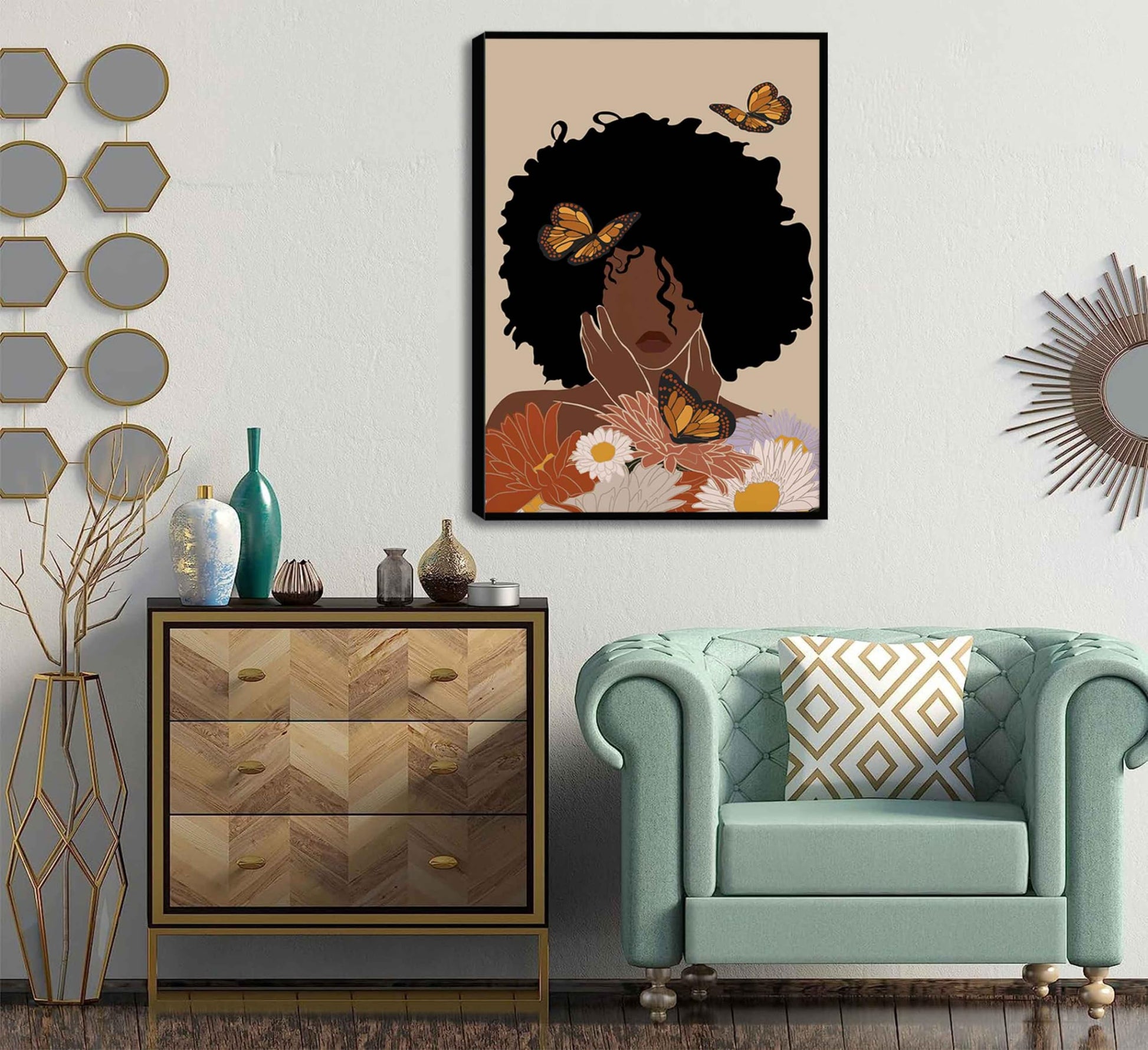 WSTUKVV 3Pcs Black Girl Bathroom Wall Art Boho Black Woman Posters Pictures African American Canvas Prints Fashion Abstract Paintings For Bathroom Home Bedroom Living Room Wall Decor Frame