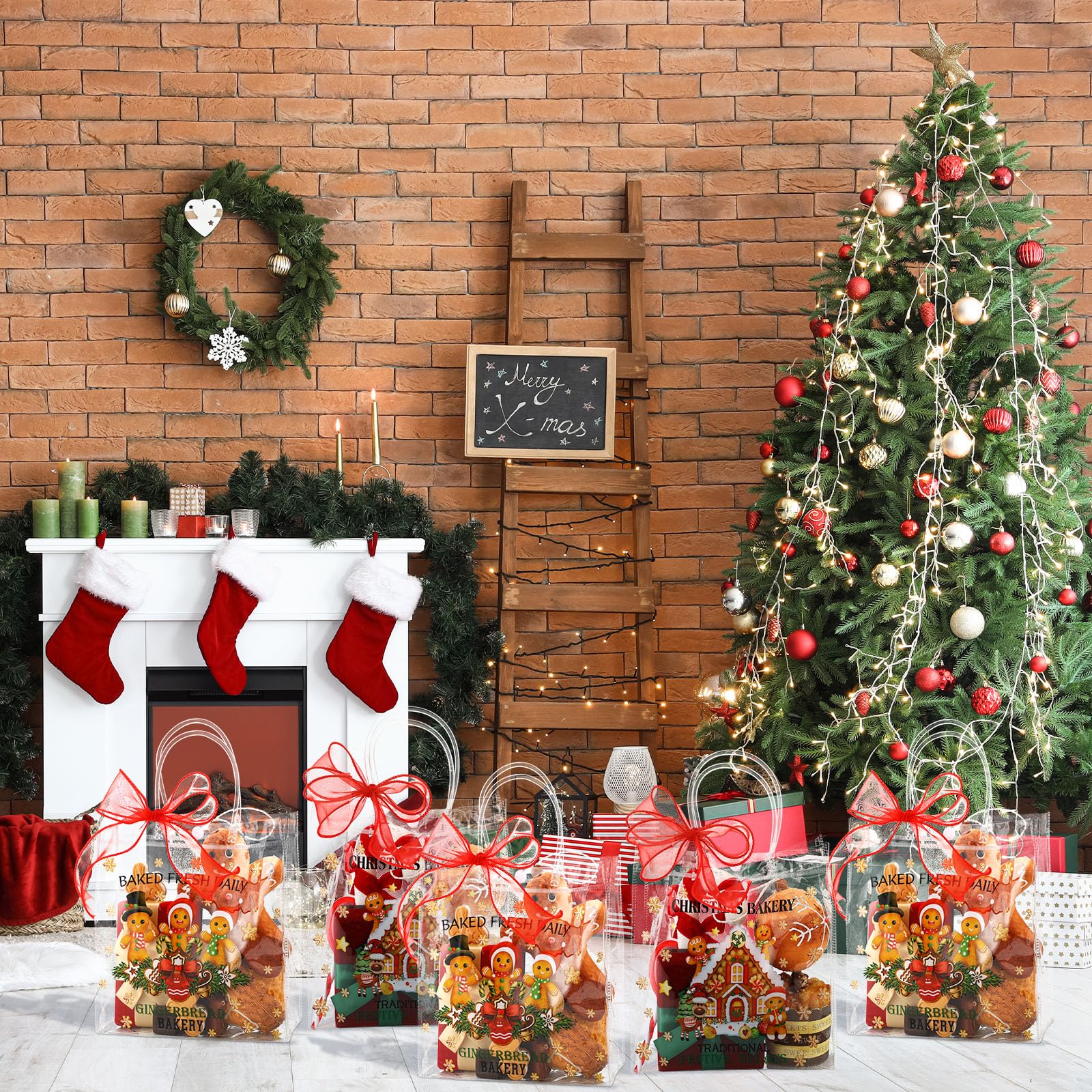 Motipuns 24 Pcs Christmas Clear PVC Gift Bags with Handles and Ribbon African American Black Santa Claus Party Favor Reusable Plastic Candy Treat Tote Bags for Merry New year Xmas Birthday Supplies