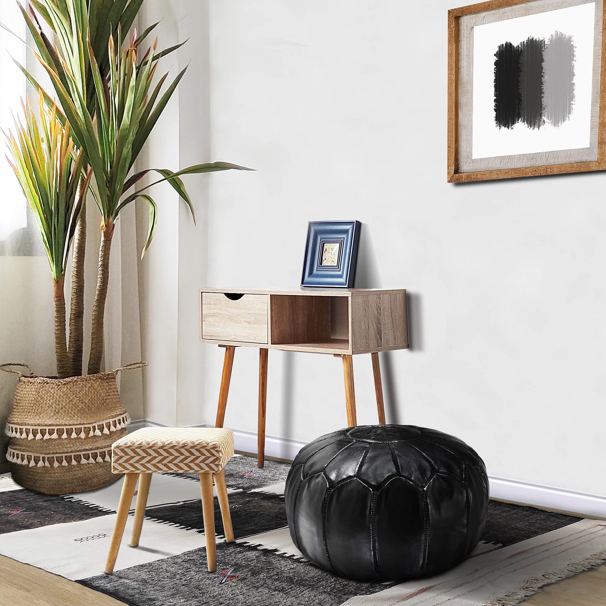 Fezcrafts Genuine Leather Moroccan Ottoman unstuffed Moroccan Pouf Footresf Livin Room Cocktail Seats Goatskin Tribal Bohemian Home Decor (Black)