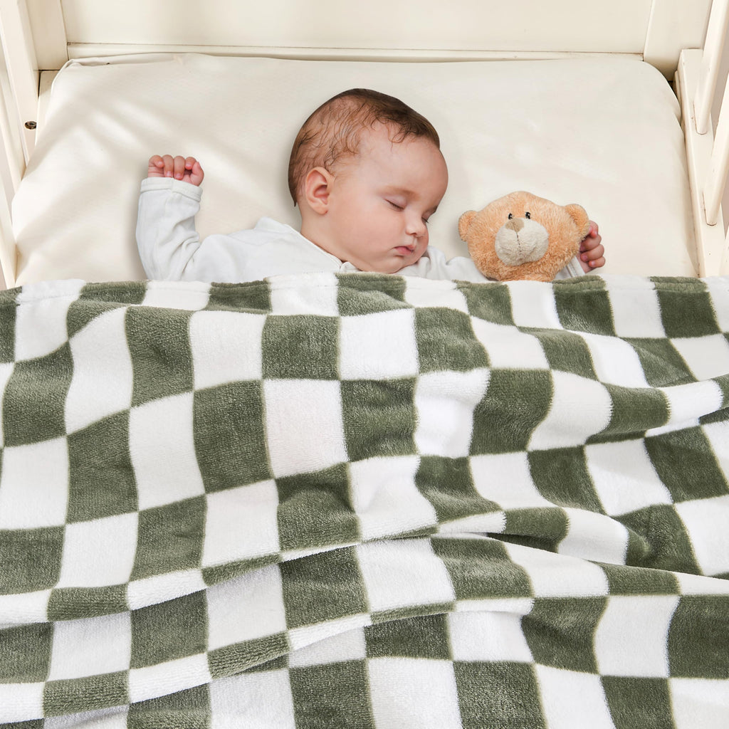 Yurhap Checkered Baby Blanket Fleece Baby Blankets Neutral for Boys Girls, Super Soft Warm Lightweight Infant Toddler Newborn Receiving Blankets for Crib Stroller, 30''x40'', Khaki