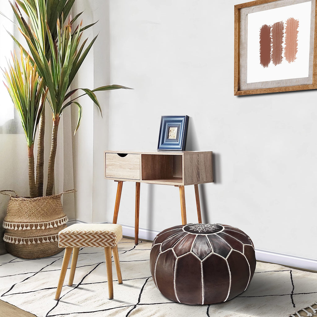 Fezcrafts Genuine Leather Moroccan Ottoman unstuffed Moroccan Pouf Footresf Livin Room Cocktail Seats Goatskin Tribal Bohemian Home Decor (Black)