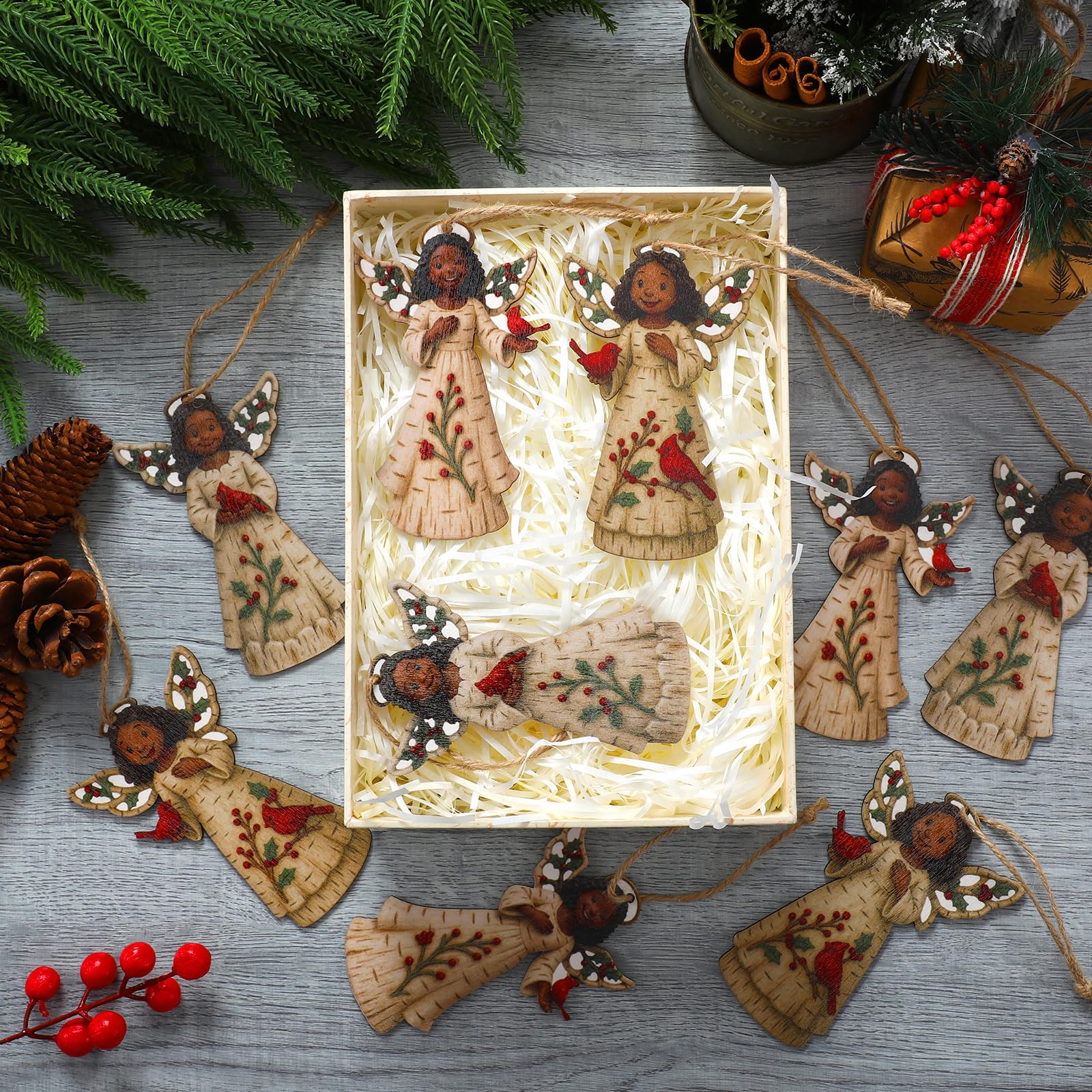 Youyole 24 Pcs Christmas Decoration African American Angel Ornaments with Cardinal Black Angel Ornaments Xmas Wooden Decor Gift for Christmas Tree Fireplace Office Holiday Decor (Wings)