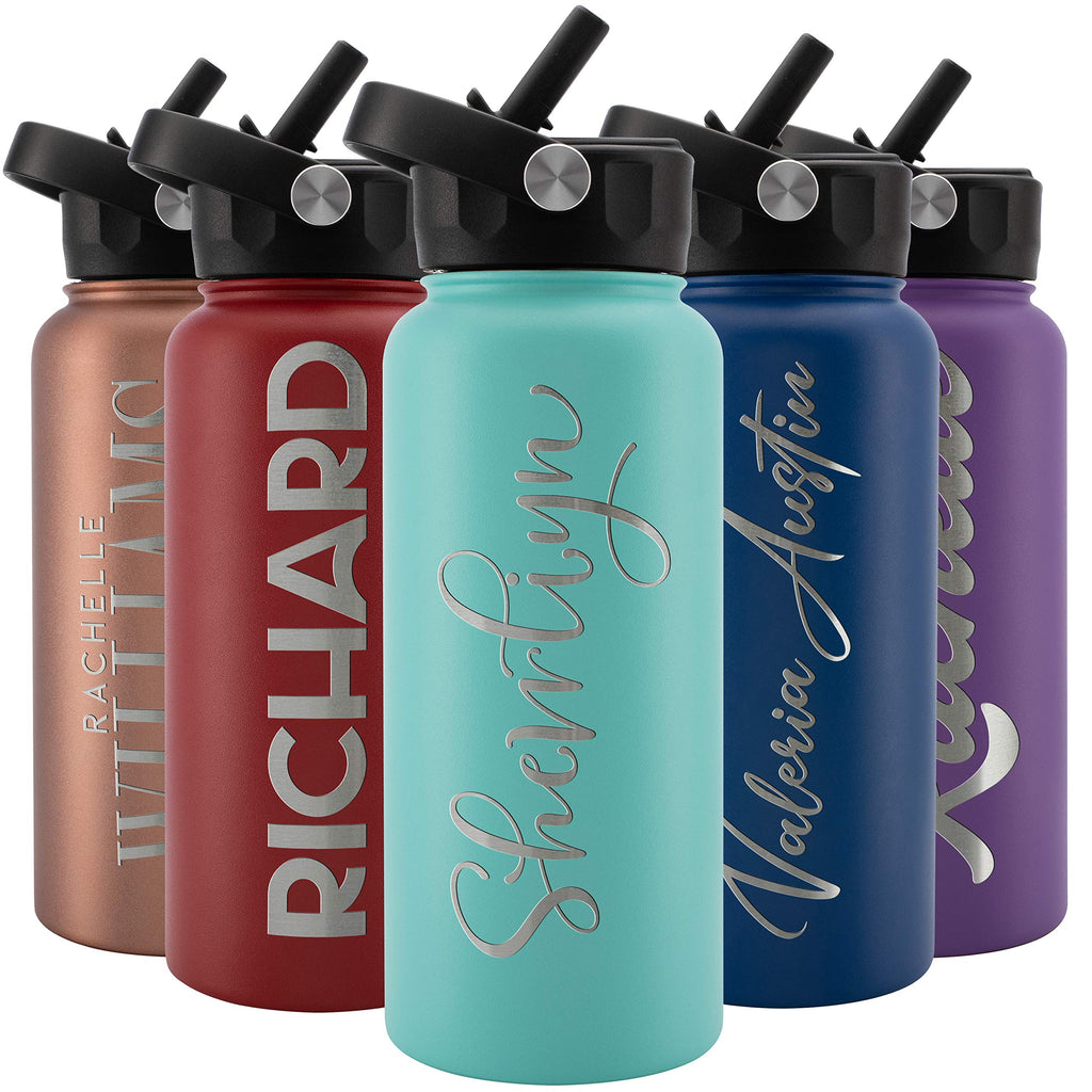 Amazing Items Personalized Water Bottle w/Straw & Lid, 18 oz - Black | Custom Stainless Steel Sports Water Bottle w/Name and Text - Double Wall, Vacuum Insulated - Rotating Handle