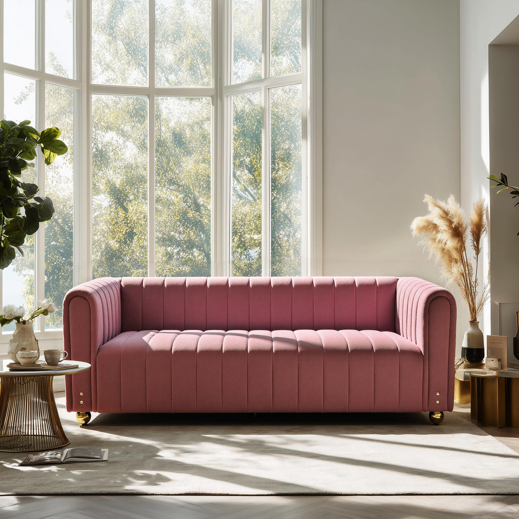 81" W Tufted Velvet Couch,Modern Velvet Sofa with Round Handrails and Metal Legs for Living Room,Office,Apartment (1, Pink)