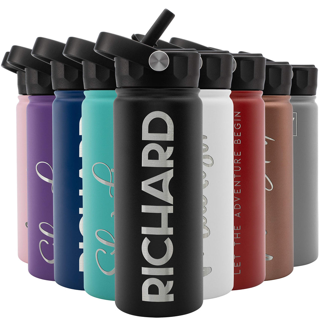 Amazing Items Personalized Water Bottle w/Straw & Lid, 18 oz - Black | Custom Stainless Steel Sports Water Bottle w/Name and Text - Double Wall, Vacuum Insulated - Rotating Handle