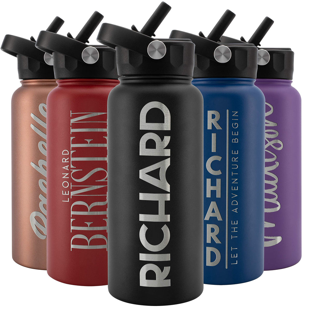 Amazing Items Personalized Water Bottle w/Straw & Lid, 18 oz - Black | Custom Stainless Steel Sports Water Bottle w/Name and Text - Double Wall, Vacuum Insulated - Rotating Handle