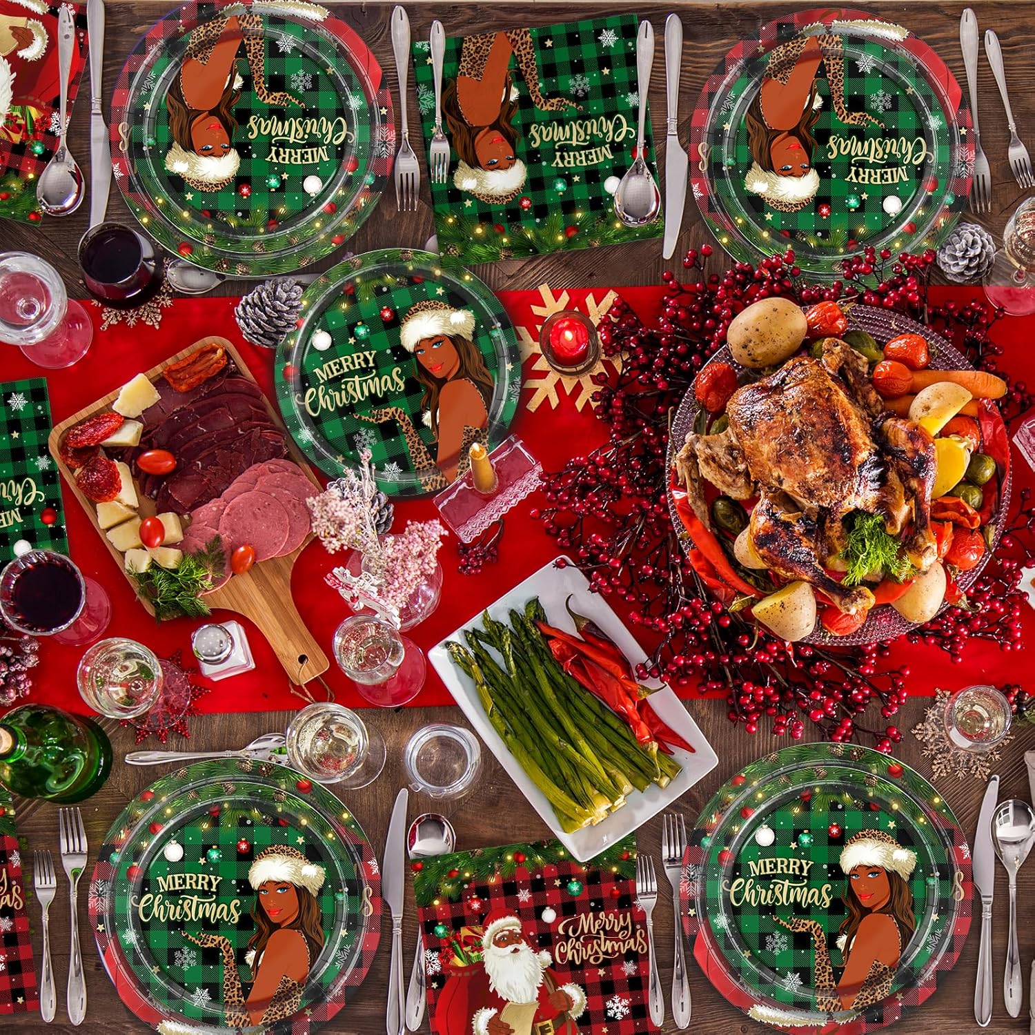 GREHUMOR African American Christmas Decorations 60Pcs Black Santa Claus Plates and Napkins Black Santa Party Tableware Set Santa Disposable Plates Merry Christmas Party Supplies Serves 20