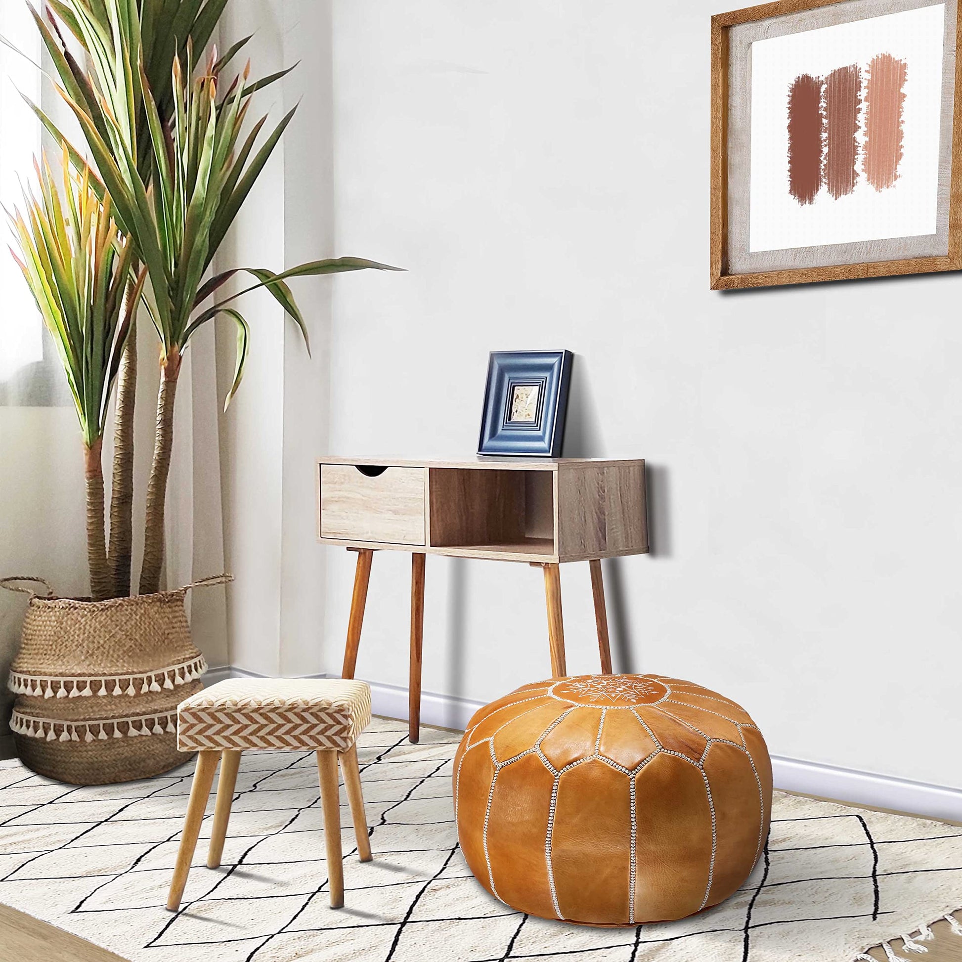 Fezcrafts Genuine Leather Moroccan Ottoman unstuffed Moroccan Pouf Footresf Livin Room Cocktail Seats Goatskin Tribal Bohemian Home Decor (Black)