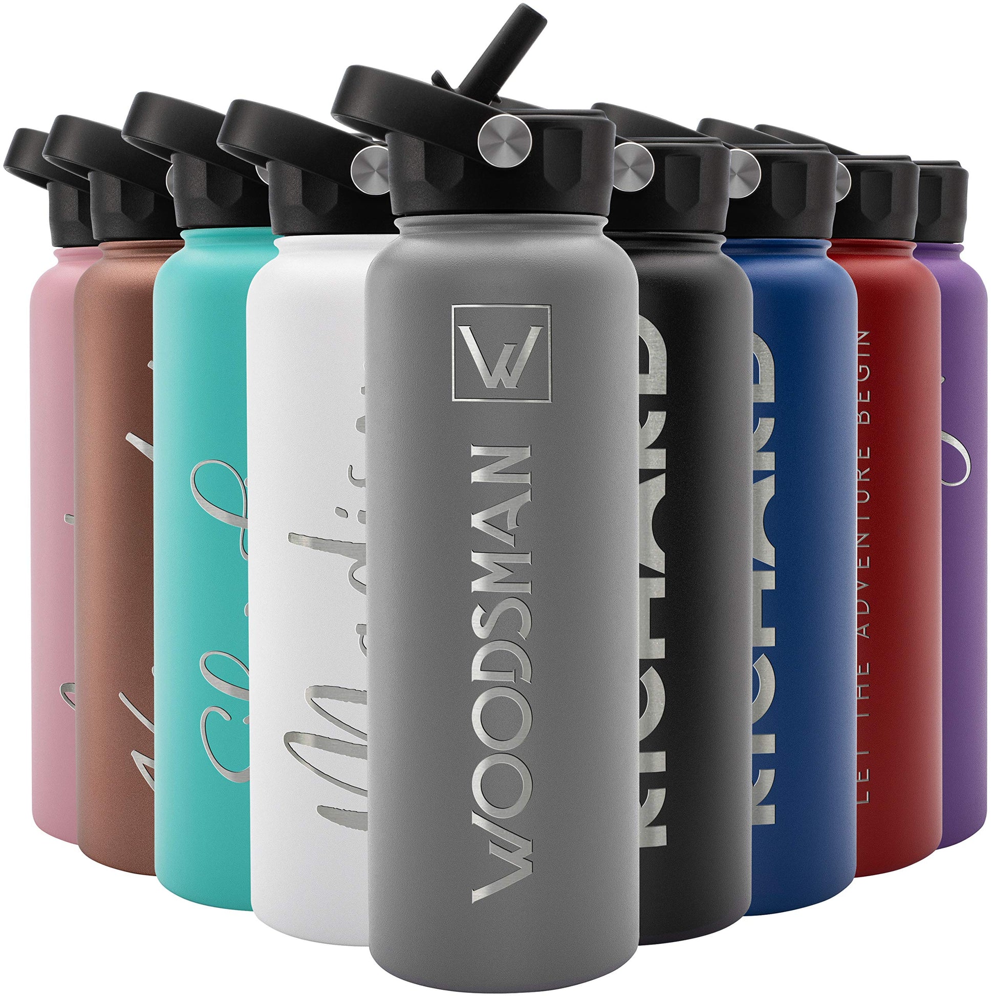 Amazing Items Personalized Water Bottle w/Straw & Lid, 18 oz - Black | Custom Stainless Steel Sports Water Bottle w/Name and Text - Double Wall, Vacuum Insulated - Rotating Handle