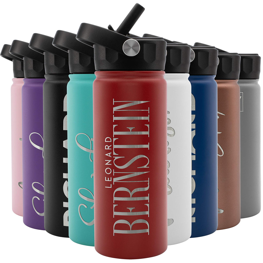 Amazing Items Personalized Water Bottle w/Straw & Lid, 18 oz - Black | Custom Stainless Steel Sports Water Bottle w/Name and Text - Double Wall, Vacuum Insulated - Rotating Handle
