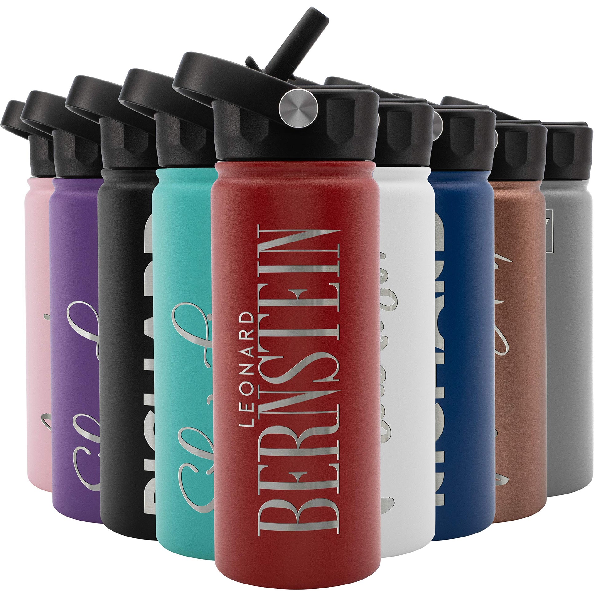 Amazing Items Personalized Water Bottle w/Straw & Lid, 18 oz - Black | Custom Stainless Steel Sports Water Bottle w/Name and Text - Double Wall, Vacuum Insulated - Rotating Handle