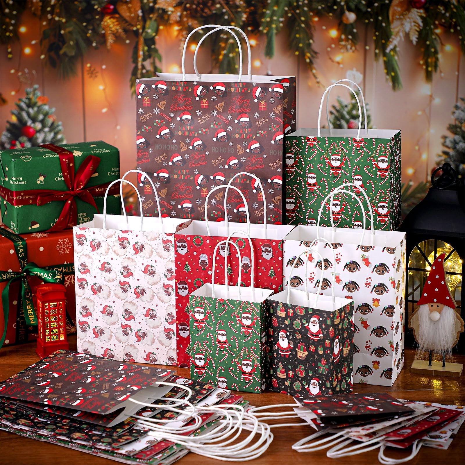 Trandraft 18 Pcs African American Christmas Kraft Gift Bags with Handles Assorted Sizes Black Santa Christmas Gift Paper Bags 6 Styles 3 Sizes Xmas for Favors Wrapping