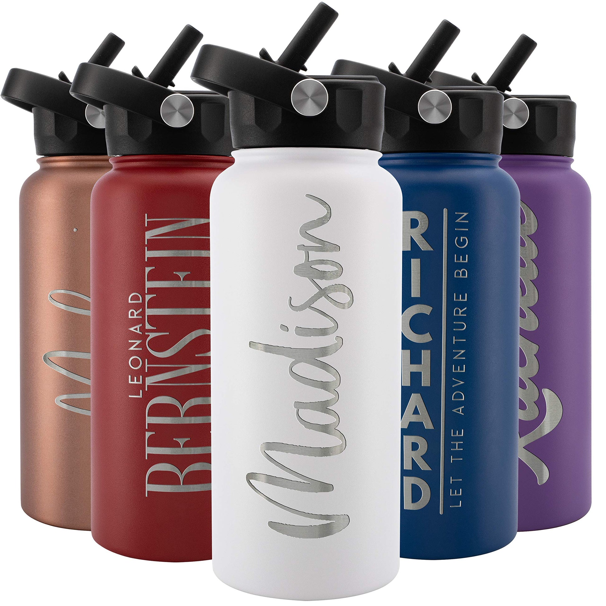 Amazing Items Personalized Water Bottle w/Straw & Lid, 18 oz - Black | Custom Stainless Steel Sports Water Bottle w/Name and Text - Double Wall, Vacuum Insulated - Rotating Handle