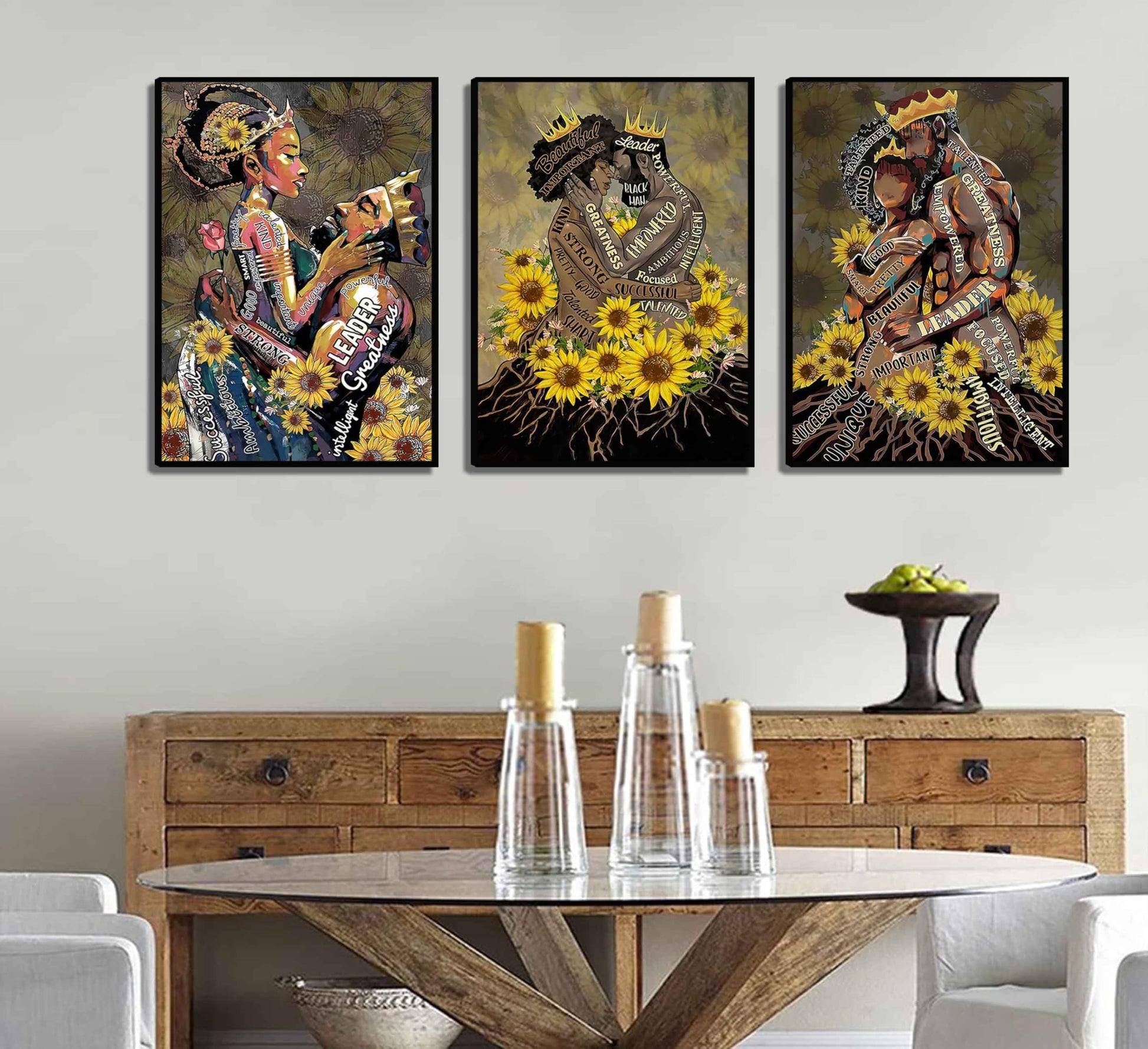 WSTUKVV 3Pcs Black Girl Bathroom Wall Art Boho Black Woman Posters Pictures African American Canvas Prints Fashion Abstract Paintings For Bathroom Home Bedroom Living Room Wall Decor Frame