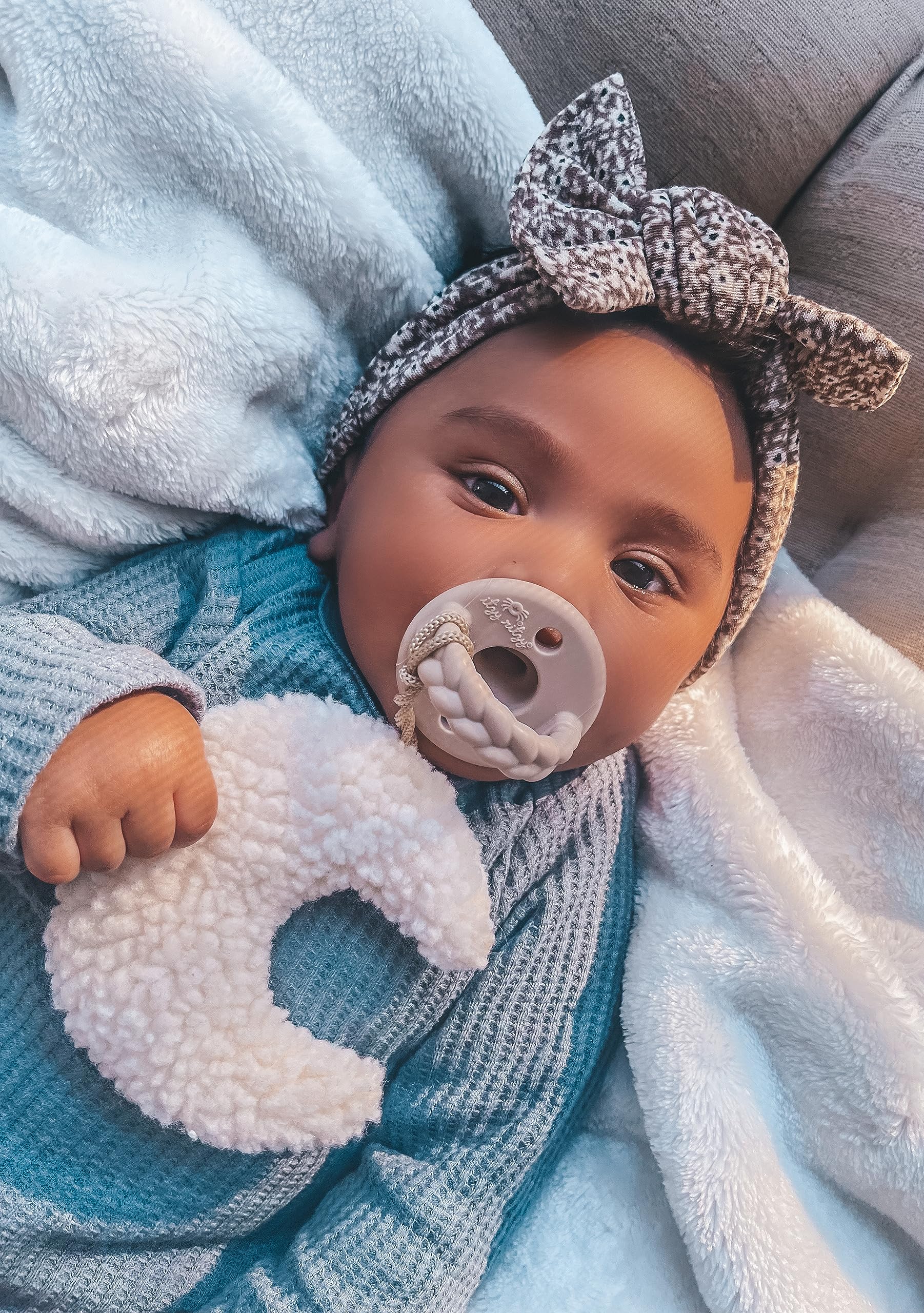 Itzy Ritzy Pacifier and Lovey Set; Detachable Plush Moon and Coordinating Toast Silicone Pacifier; Ideal for Ages 0 Months and Up, Moon