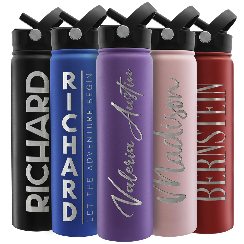 Amazing Items Personalized Water Bottle w/Straw & Lid, 18 oz - Black | Custom Stainless Steel Sports Water Bottle w/Name and Text - Double Wall, Vacuum Insulated - Rotating Handle