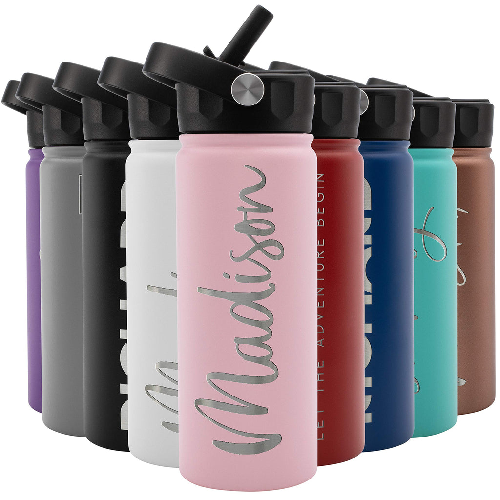 Amazing Items Personalized Water Bottle w/Straw & Lid, 18 oz - Black | Custom Stainless Steel Sports Water Bottle w/Name and Text - Double Wall, Vacuum Insulated - Rotating Handle