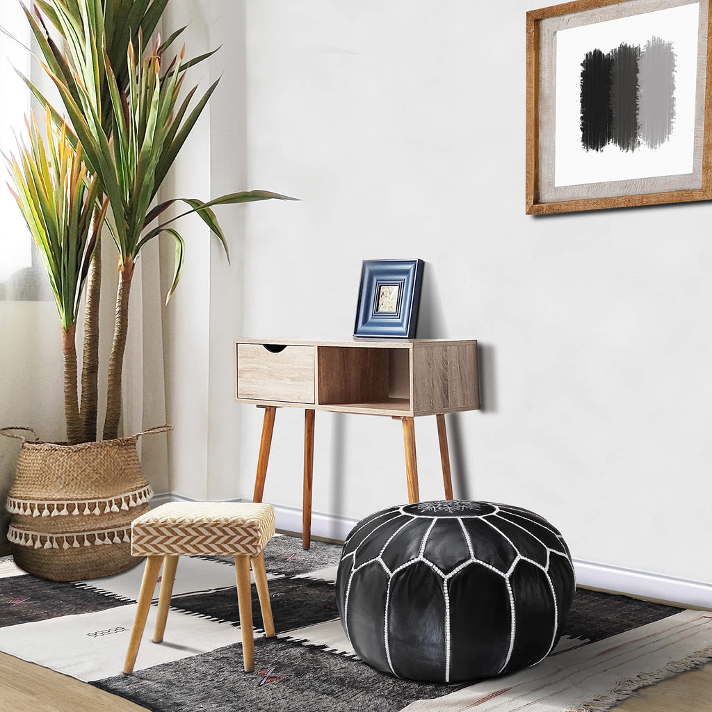 Fezcrafts Genuine Leather Moroccan Ottoman unstuffed Moroccan Pouf Footresf Livin Room Cocktail Seats Goatskin Tribal Bohemian Home Decor (Black)