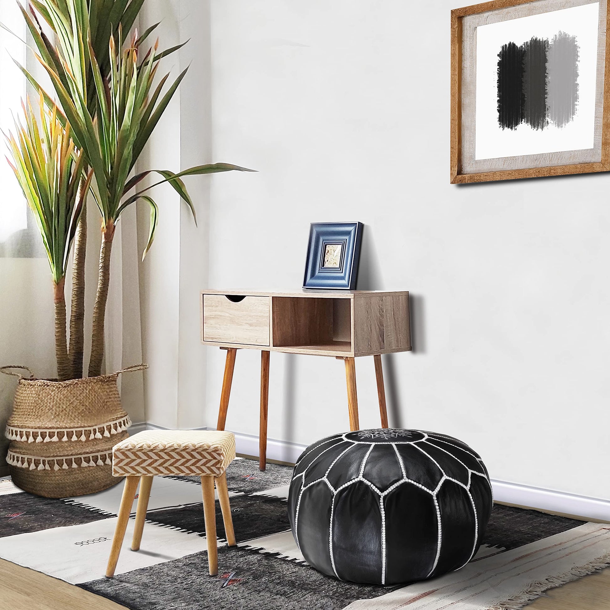 Fezcrafts Genuine Leather Moroccan Ottoman unstuffed Moroccan Pouf Footresf Livin Room Cocktail Seats Goatskin Tribal Bohemian Home Decor (Black)