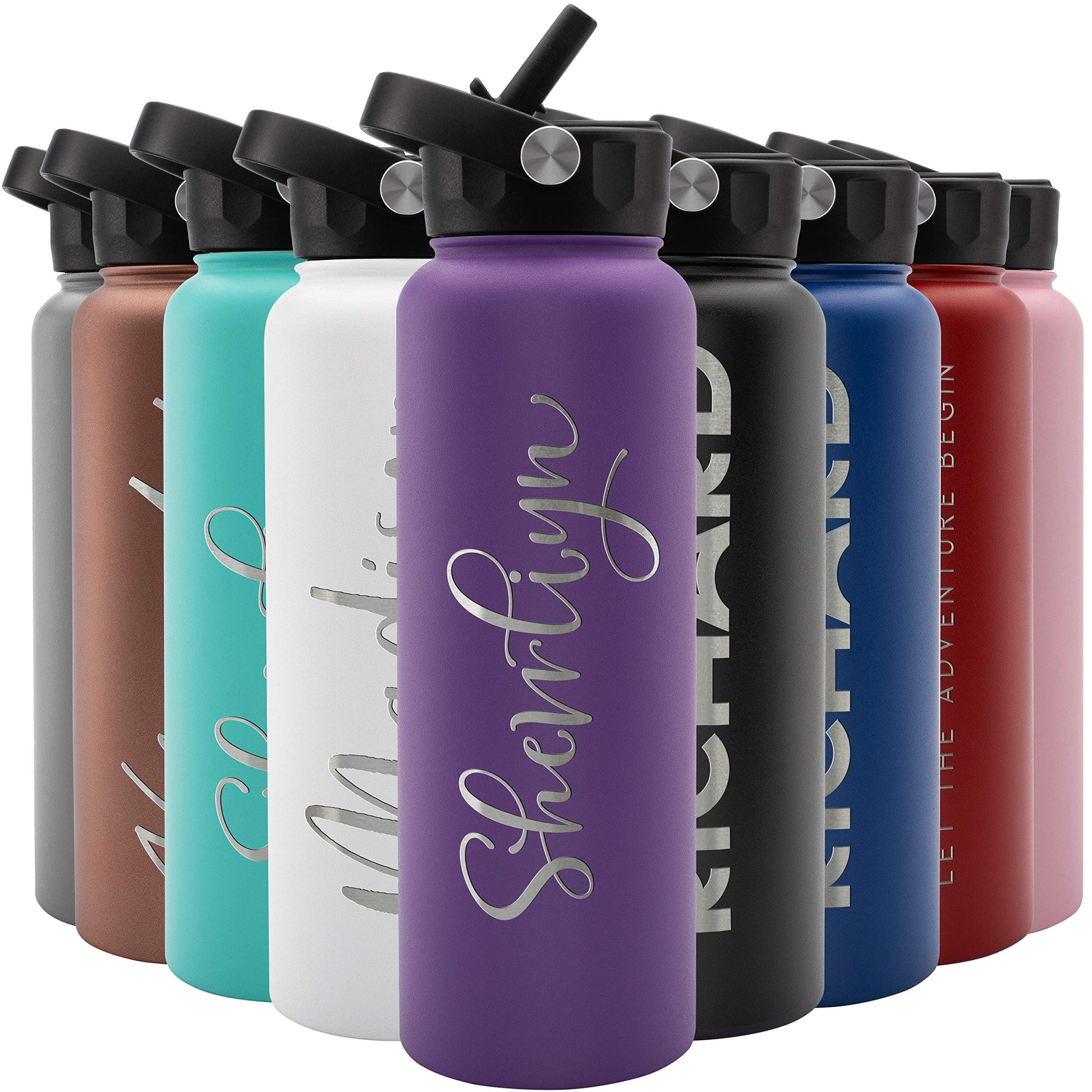 Amazing Items Personalized Water Bottle w/Straw & Lid, 18 oz - Black | Custom Stainless Steel Sports Water Bottle w/Name and Text - Double Wall, Vacuum Insulated - Rotating Handle