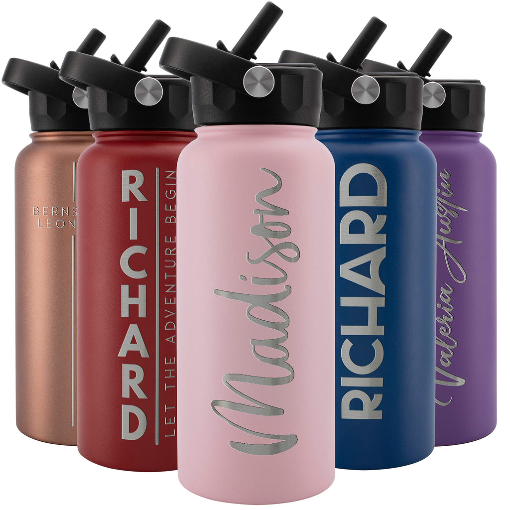 Amazing Items Personalized Water Bottle w/Straw & Lid, 18 oz - Black | Custom Stainless Steel Sports Water Bottle w/Name and Text - Double Wall, Vacuum Insulated - Rotating Handle
