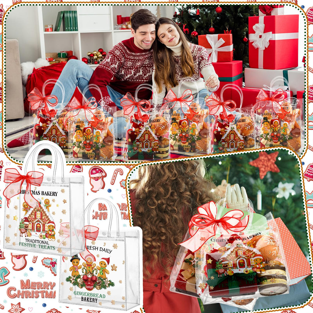 Motipuns 24 Pcs Christmas Clear PVC Gift Bags with Handles and Ribbon African American Black Santa Claus Party Favor Reusable Plastic Candy Treat Tote Bags for Merry New year Xmas Birthday Supplies