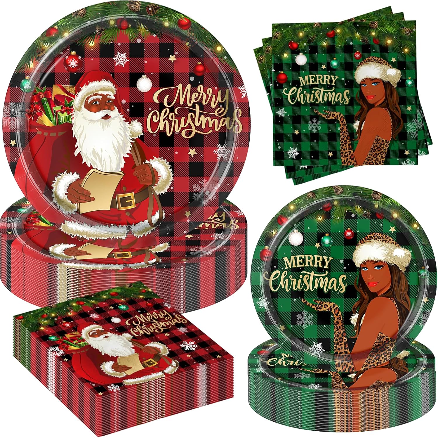 GREHUMOR African American Christmas Decorations 60Pcs Black Santa Claus Plates and Napkins Black Santa Party Tableware Set Santa Disposable Plates Merry Christmas Party Supplies Serves 20