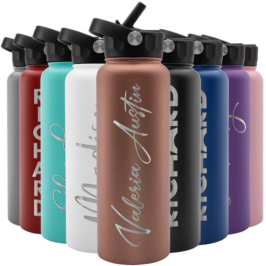 Amazing Items Personalized Water Bottle w/Straw & Lid, 18 oz - Black | Custom Stainless Steel Sports Water Bottle w/Name and Text - Double Wall, Vacuum Insulated - Rotating Handle