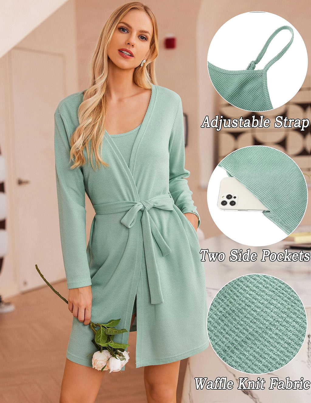 Ekouaer Womens 3 Piece Waffle Knit Lounge Set Soft Pajama Sets Tank Top and Shorts Cardigan with Pockets S-XXL