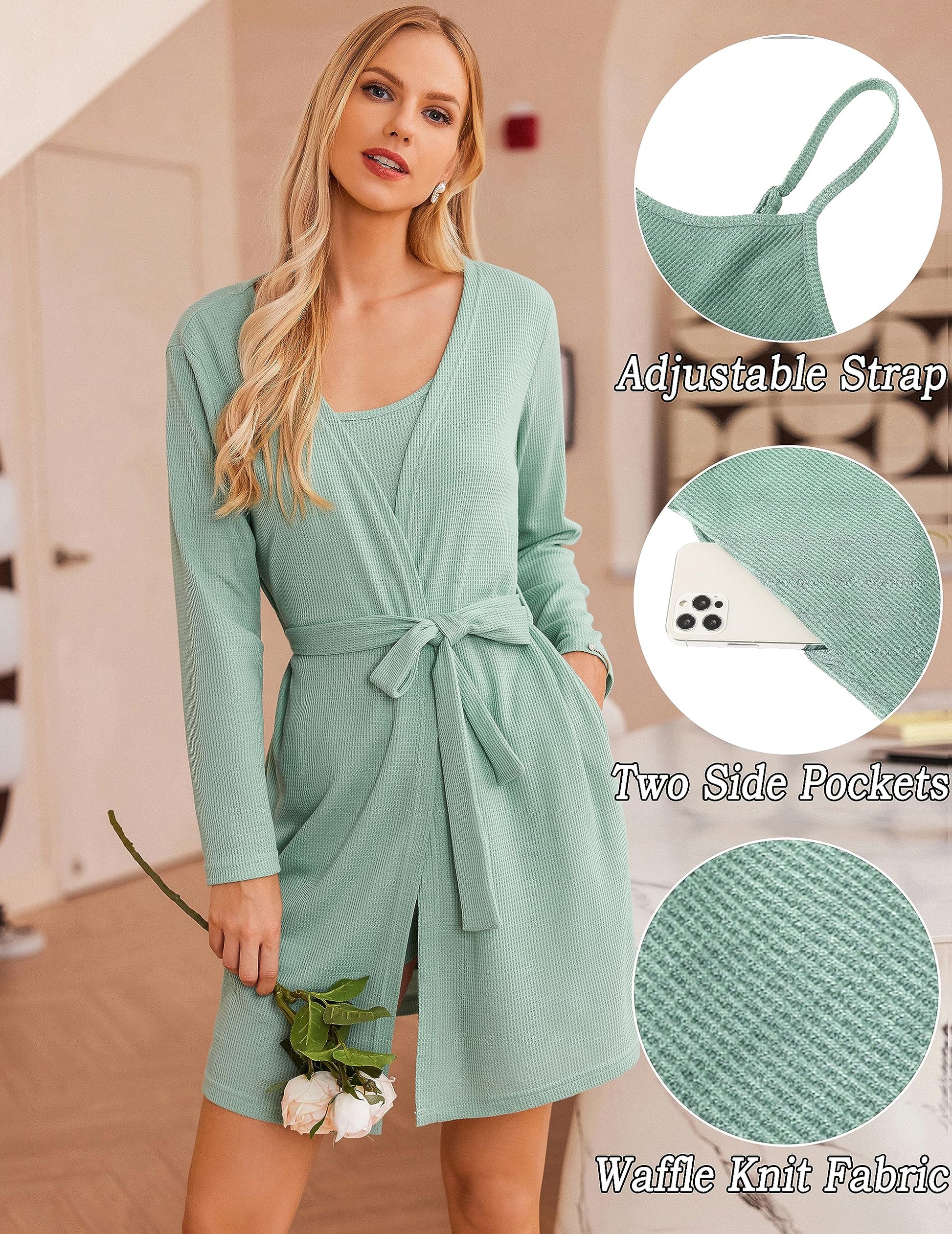 Ekouaer Womens 3 Piece Waffle Knit Lounge Set Soft Pajama Sets Tank Top and Shorts Cardigan with Pockets S-XXL